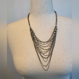 Silver Layered Necklace Multi Chain And Faux Pearl Strains